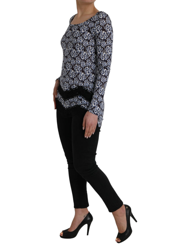 Blue Floral Lace Long Sleeves Top Underwear Blouse Just Cavalli