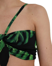 Black Green Leaf Silk Halter Cropped Top Dolce & Gabbana