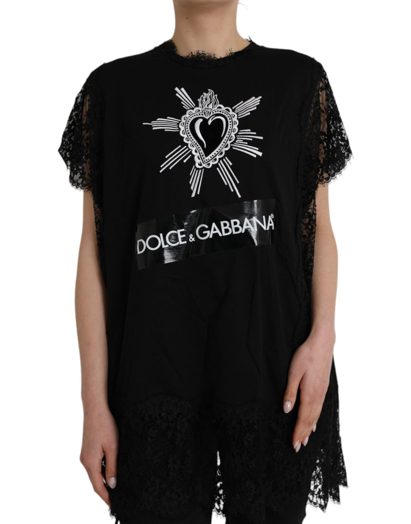 Black Sacred Heart Print Cotton Lace T-shirt Dolce & Gabbana