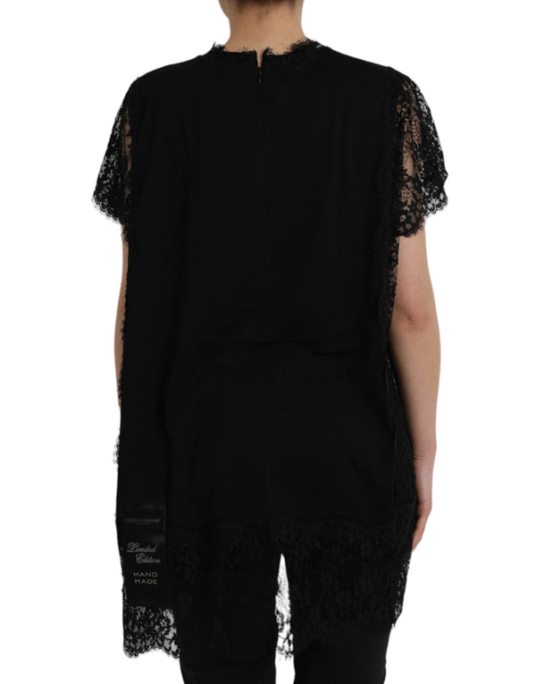 Black Sacred Heart Print Cotton Lace T-shirt Dolce & Gabbana