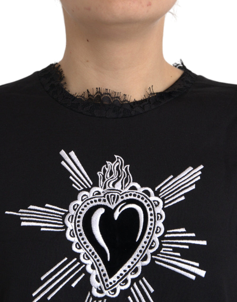 Black Sacred Heart Print Cotton Lace T-shirt Dolce & Gabbana