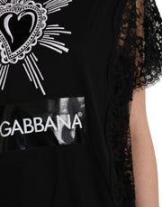 Black Sacred Heart Print Cotton Lace T-shirt Dolce & Gabbana