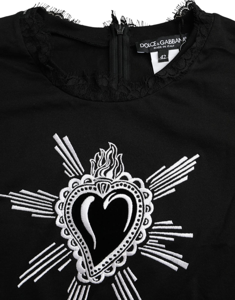 Black Sacred Heart Print Cotton Lace T-shirt Dolce & Gabbana