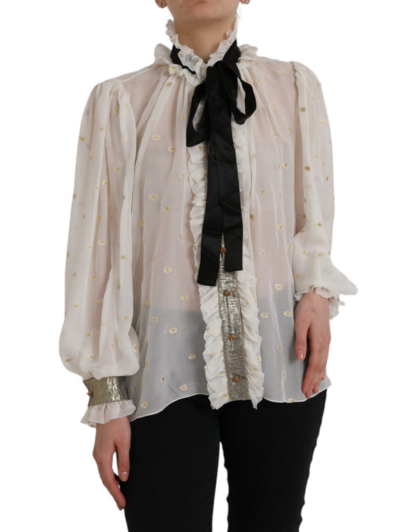 Off White Silk Blend Ascot Collar Blouse Top Dolce & Gabbana