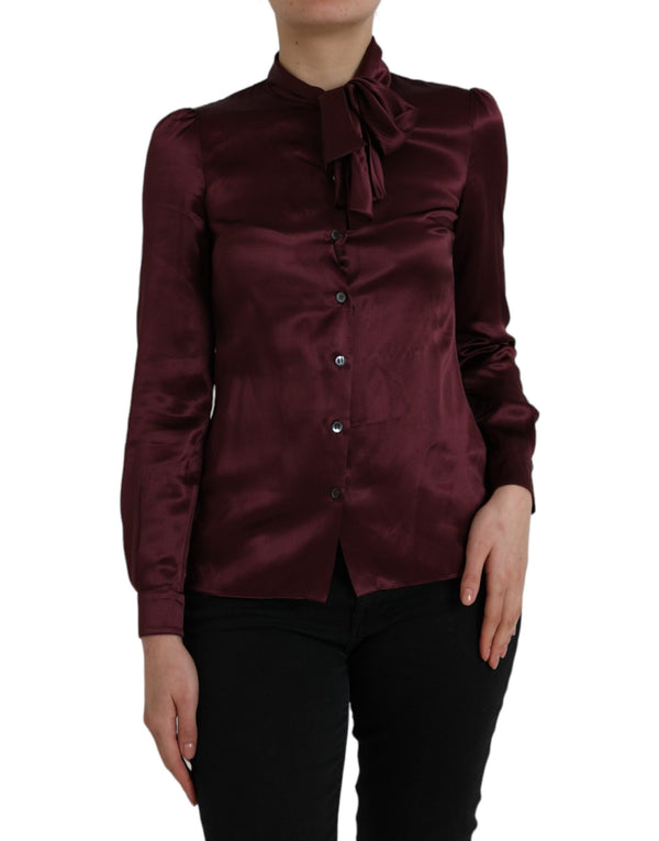 Maroon Ascot Collar Long Sleeve Top Blouse Dolce & Gabbana