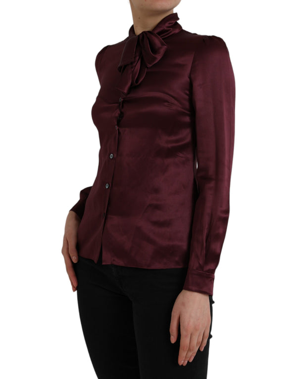 Maroon Ascot Collar Long Sleeve Top Blouse Dolce & Gabbana