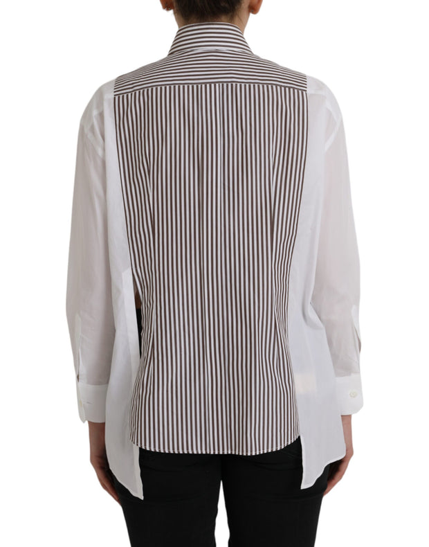 White Stripes Cotton Long Sleeves Ruffle Collar Top Dolce & Gabbana