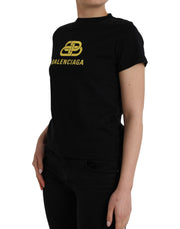 Black Cotton Logo Print Crew Neck Short Sleeves T-shirt Balenciaga