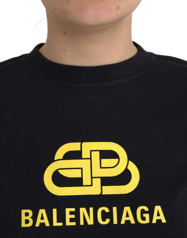 Black Cotton Logo Print Crew Neck Short Sleeves T-shirt Balenciaga