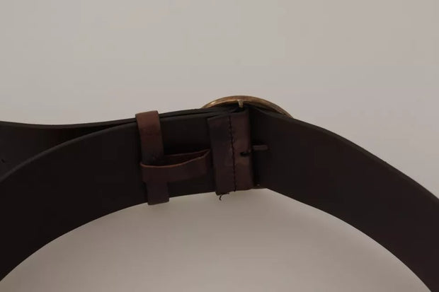 Dark Brown Wide Calf Leather Logo Round Buckle Belt Dolce & Gabbana