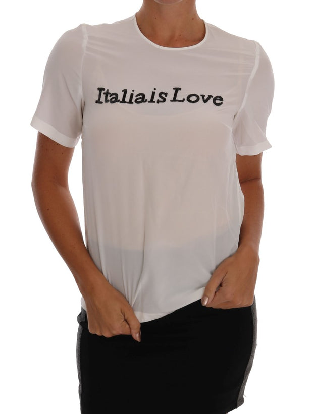 Silk Sequined 'Italia Is Love' White Blouse Dolce & Gabbana