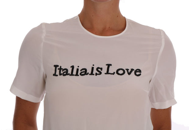 Silk Sequined 'Italia Is Love' White Blouse Dolce & Gabbana