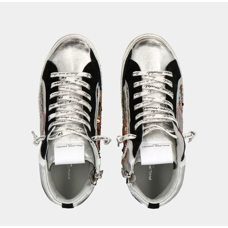 Elegant Gray Leather Sneakers with Sequin Details Philippe Model