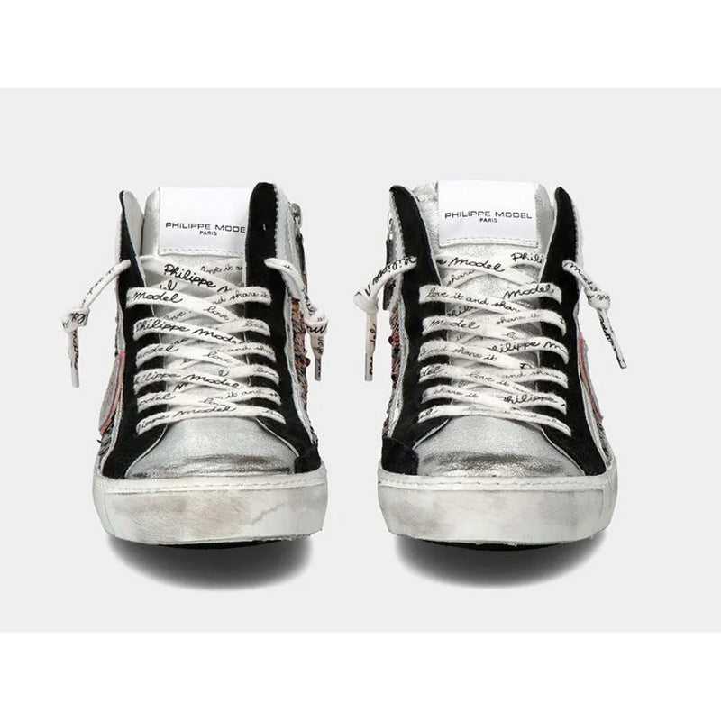 Elegant Gray Leather Sneakers with Sequin Details Philippe Model