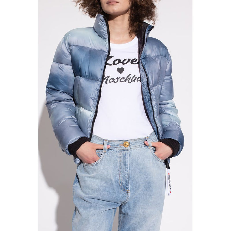 Chic Light Blue Down Jacket with Logo Patch Love Moschino