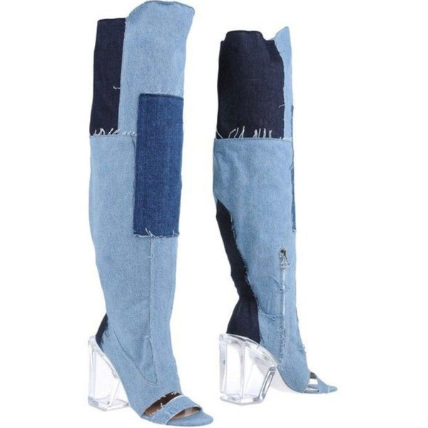 Chic Vintage Denim & Transparent Heel Boots Off-White