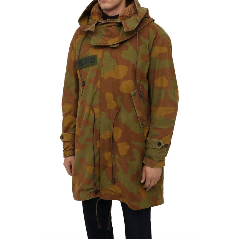 Camo Textured Hooded Parka with Leather Details Dsquared²