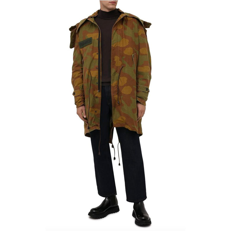 Camo Textured Hooded Parka with Leather Details Dsquared²