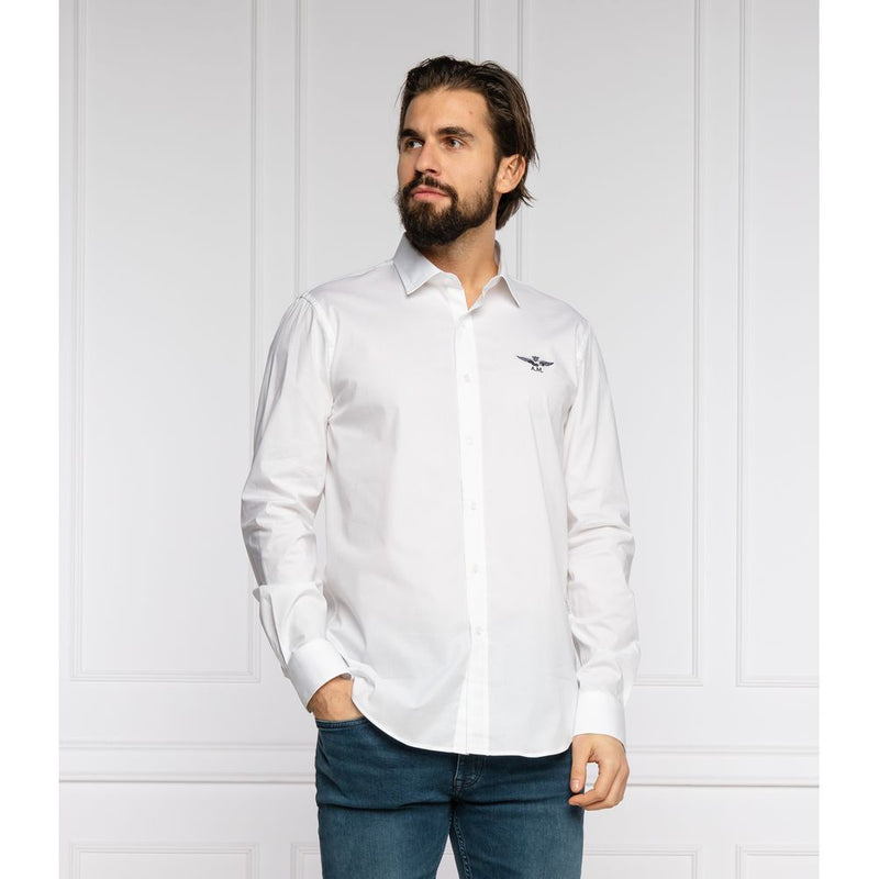 Slim Fit White Cotton Shirt with Eagle Logo Aeronautica Militare