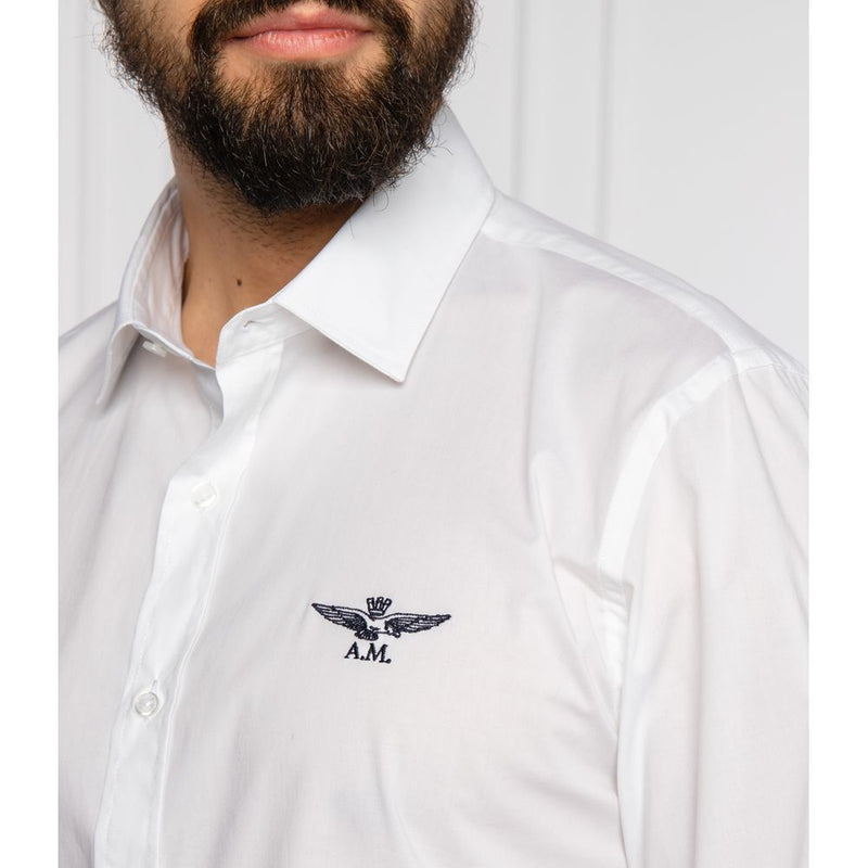 Slim Fit White Cotton Shirt with Eagle Logo Aeronautica Militare