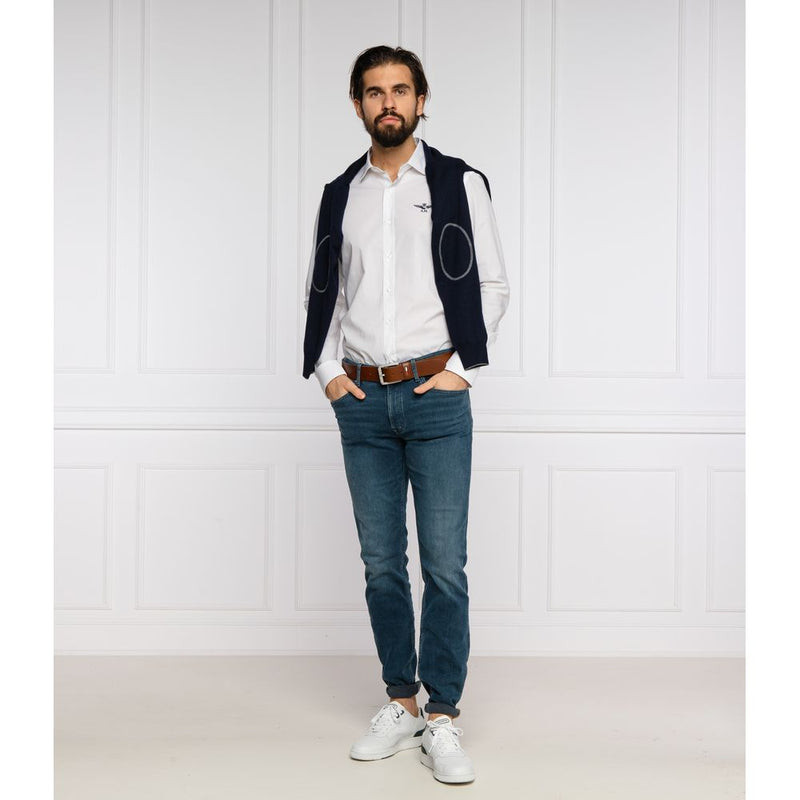 Slim Fit White Cotton Shirt with Eagle Logo Aeronautica Militare