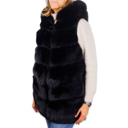 Sleeveless Wool Coat with Fox Fur Trim Made in Italy