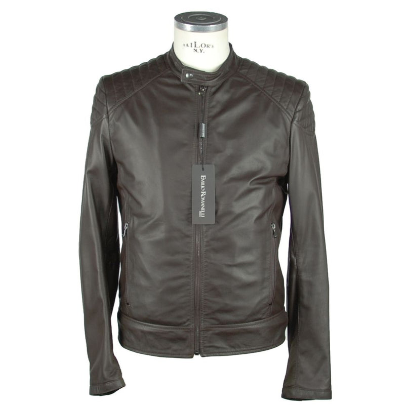 Elegant Brown Leather Zip Jacket Emilio Romanelli