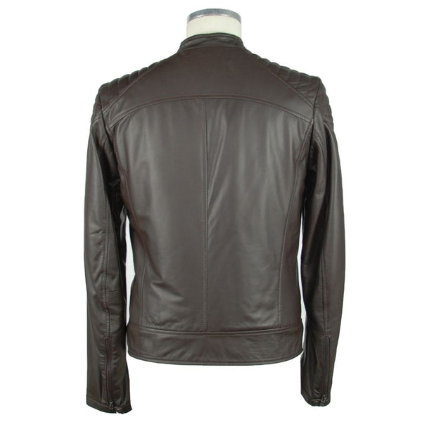 Elegant Brown Leather Zip Jacket Emilio Romanelli