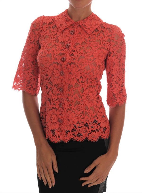 Elegant Orange Floral Lace Crystal Cardigan Blouse Dolce & Gabbana