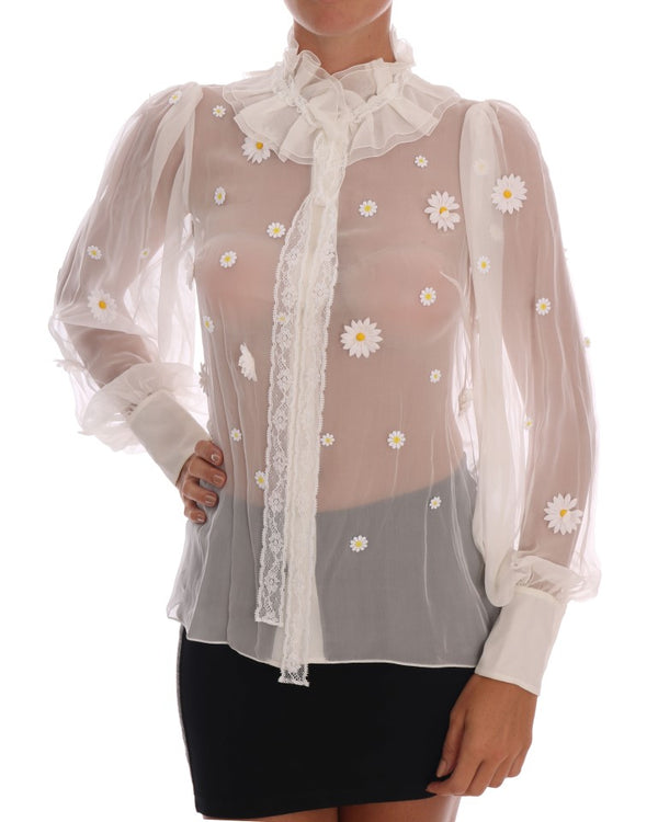 Elegant White Silk Daisy Blouse Dolce & Gabbana