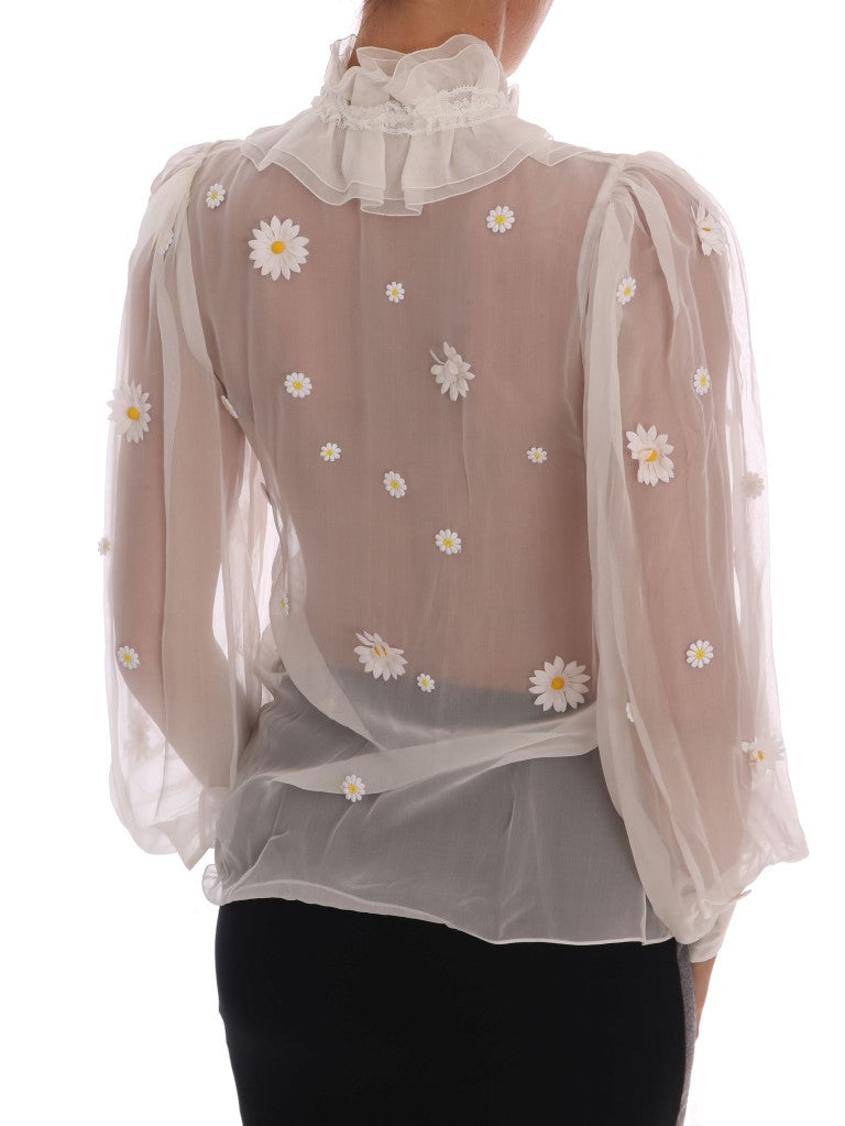 Elegant White Silk Daisy Blouse Dolce & Gabbana