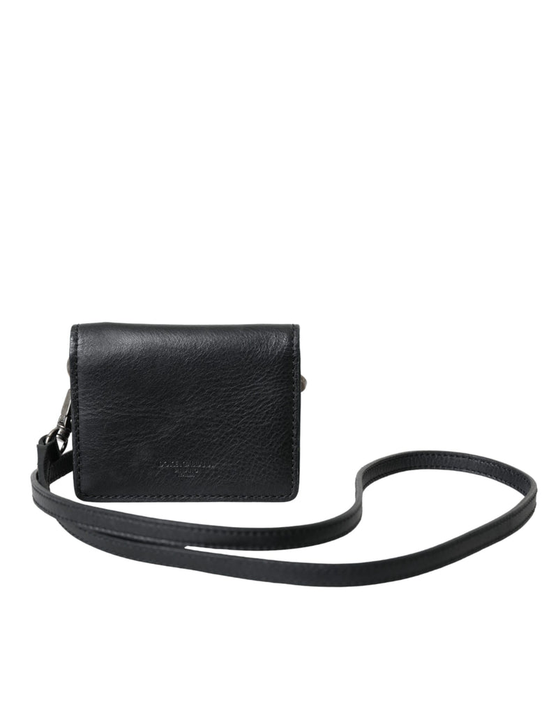 Black Leather Bifold Sling Women Card Holder Purse Wallet Dolce & Gabbana