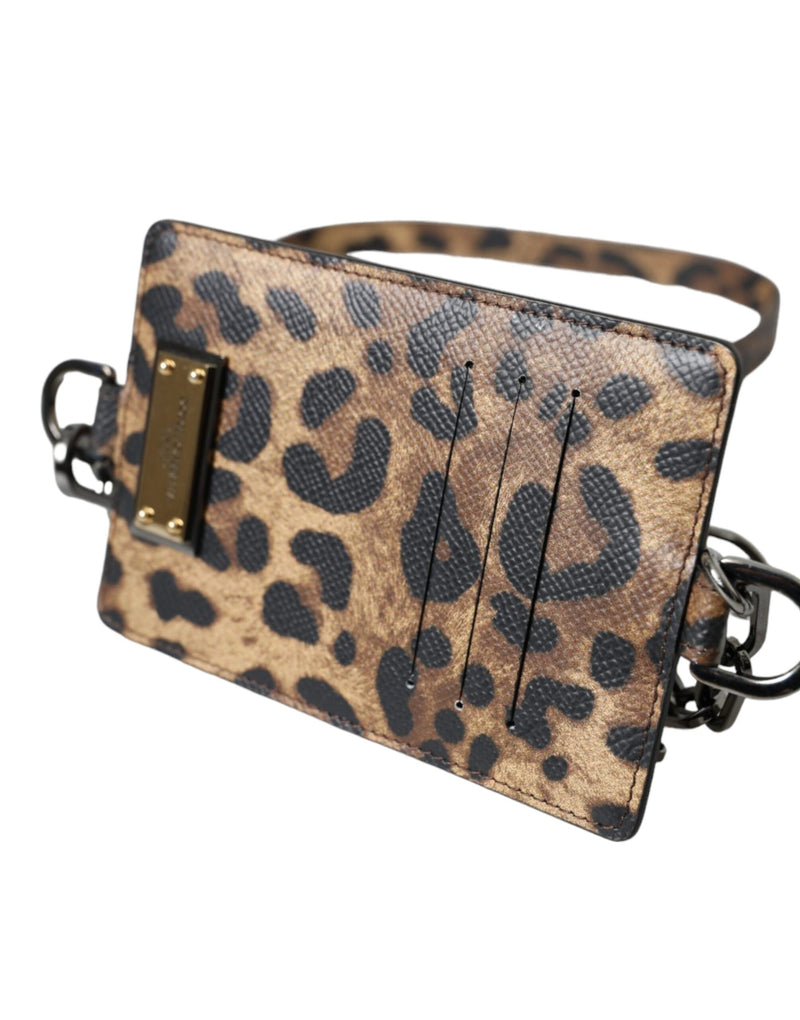 Brown Leather Leopard Print Logo Plaque Cardholder Wallet Dolce & Gabbana