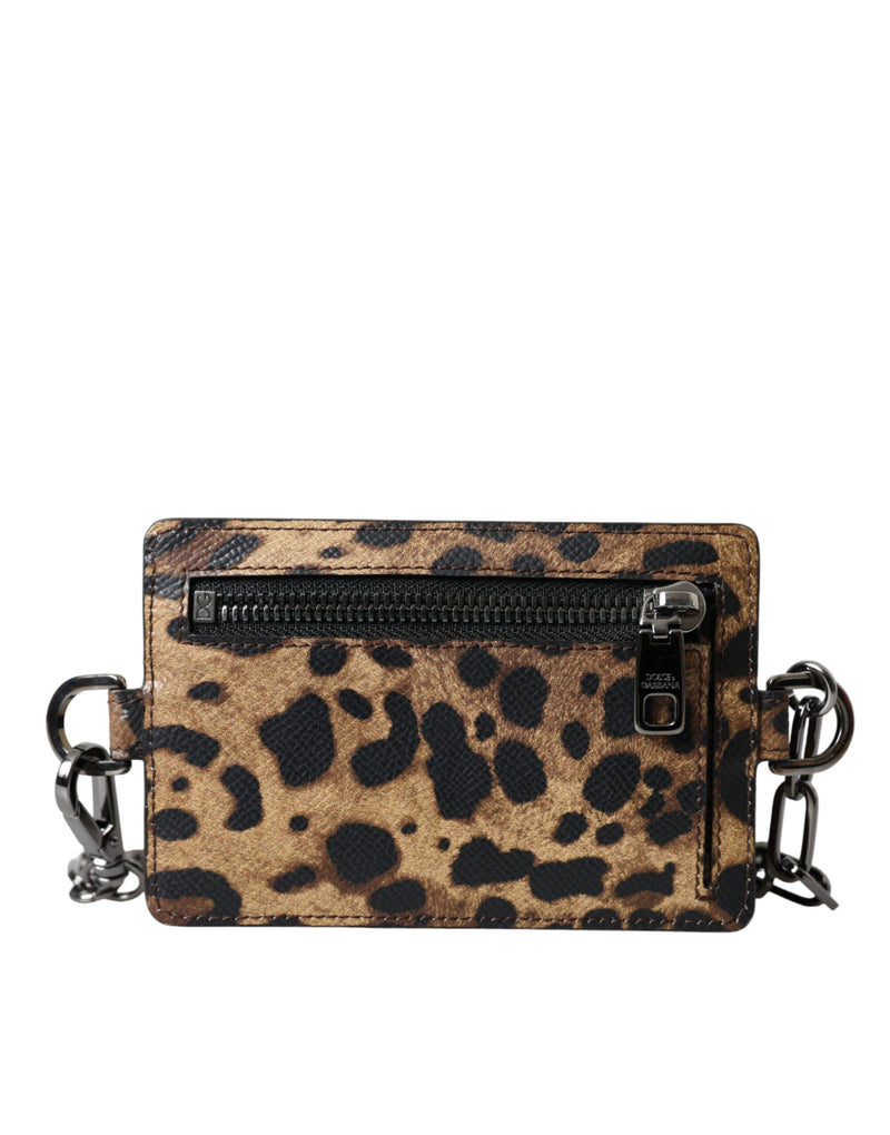 Brown Leather Leopard Print Logo Plaque Cardholder Wallet Dolce & Gabbana