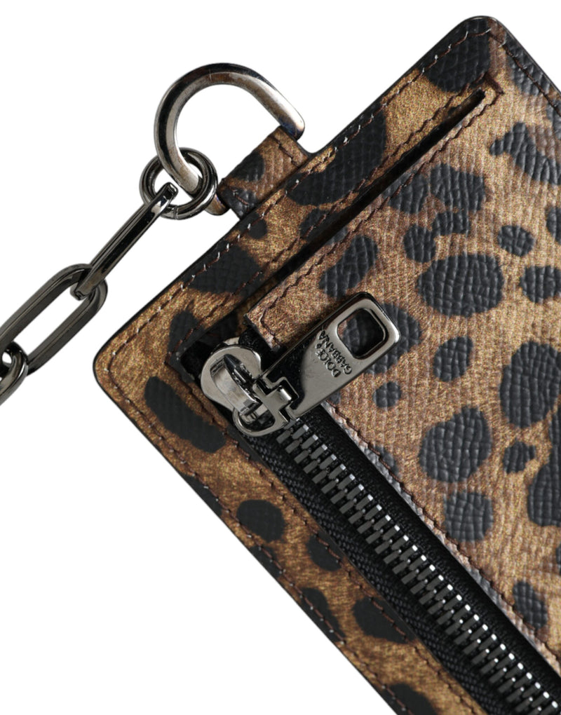 Brown Leather Leopard Print Logo Plaque Cardholder Wallet Dolce & Gabbana