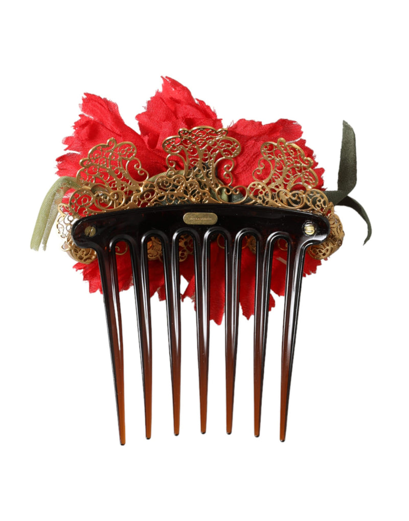 Red Silk Floral Gold Brass Women Hair Comb Dolce & Gabbana