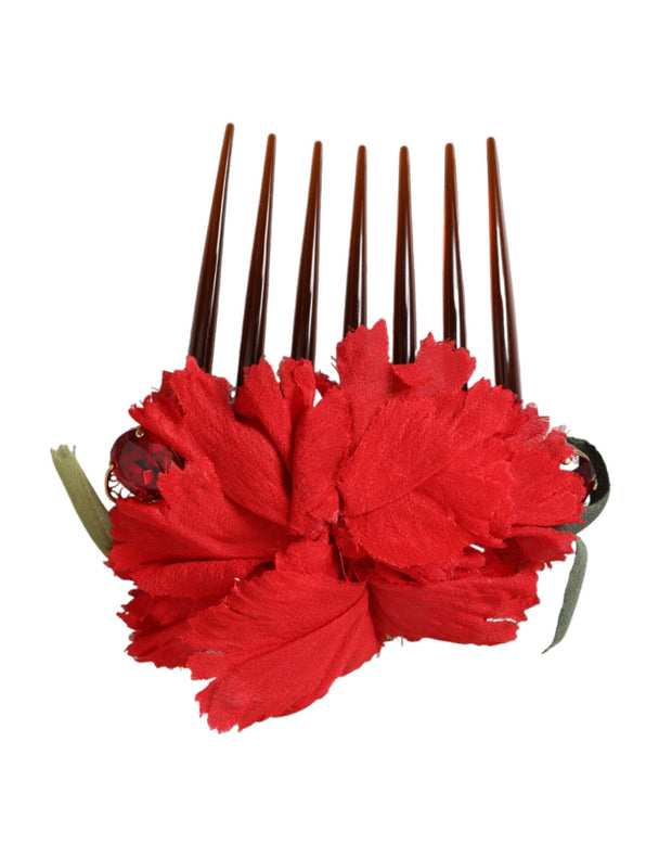 Red Silk Floral Gold Brass Women Hair Comb Dolce & Gabbana