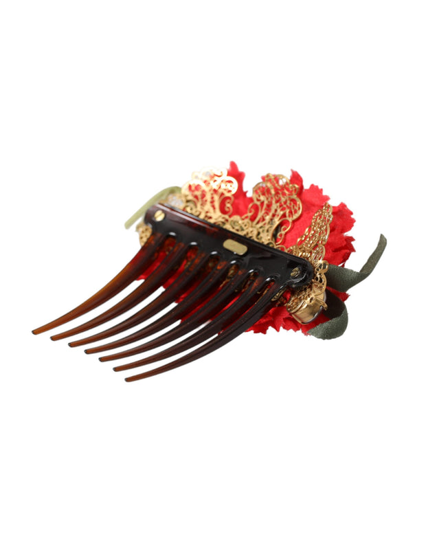 Red Silk Floral Gold Brass Women Hair Comb Dolce & Gabbana