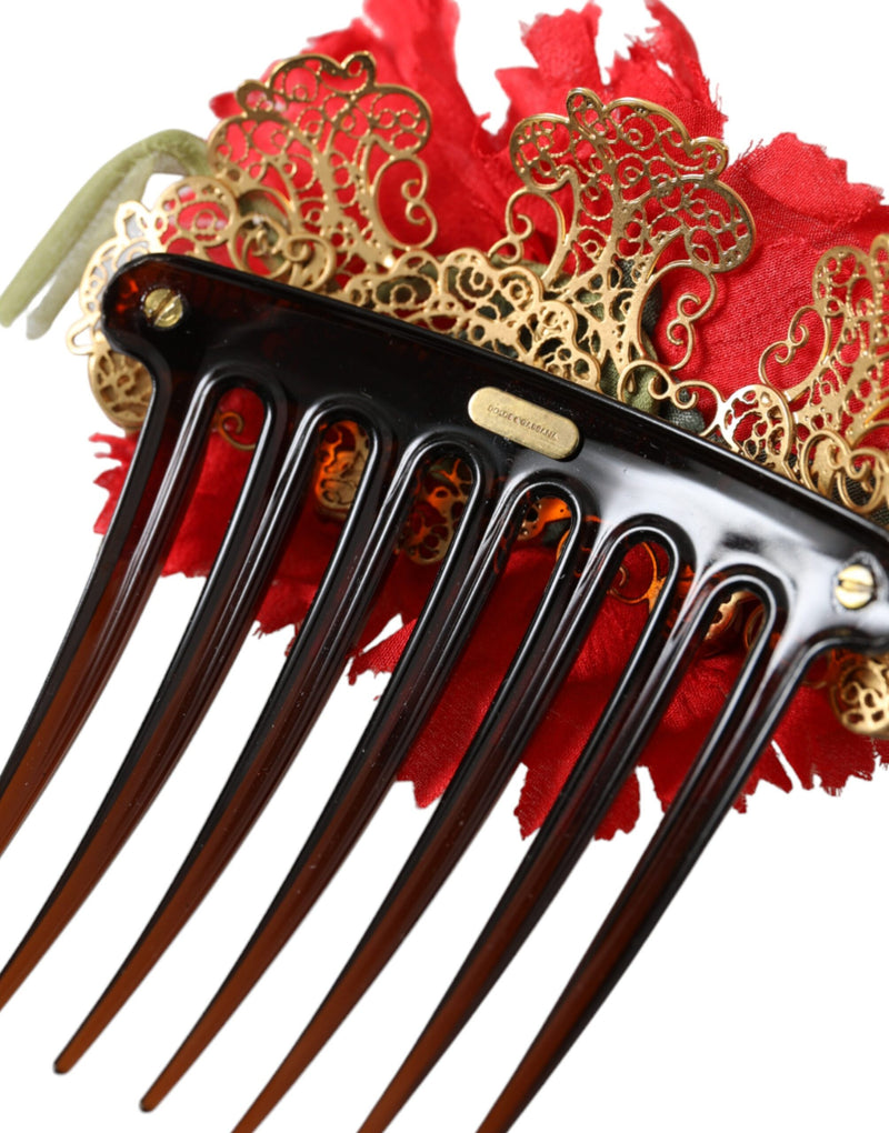 Red Silk Floral Gold Brass Women Hair Comb Dolce & Gabbana