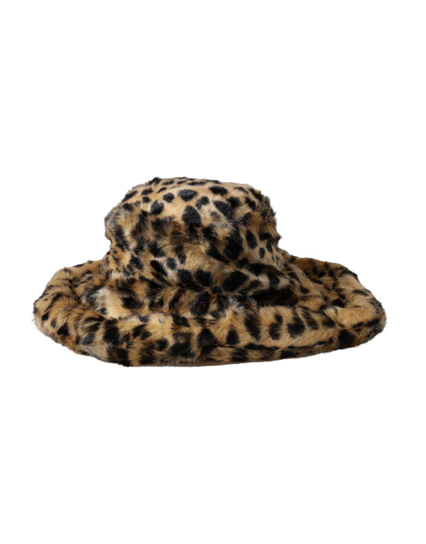 Brown Leopard Fur Women Bucket Hat Dolce & Gabbana