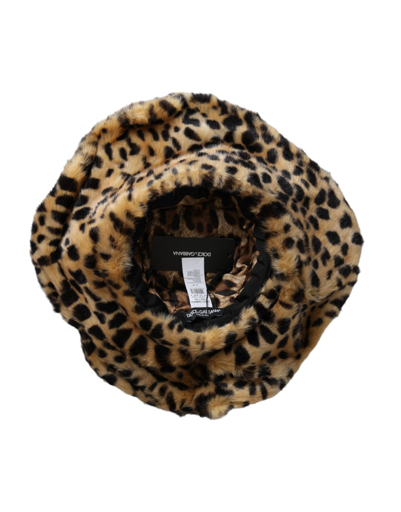 Brown Leopard Fur Women Bucket Hat Dolce & Gabbana