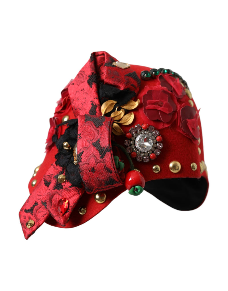 Red Crystal Gold Roses Brooch Embellished Hat Dolce & Gabbana