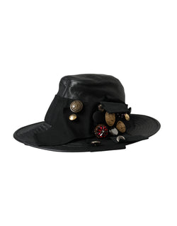 Black Leather DG Coin Crystal Wide Brim Hat Dolce & Gabbana