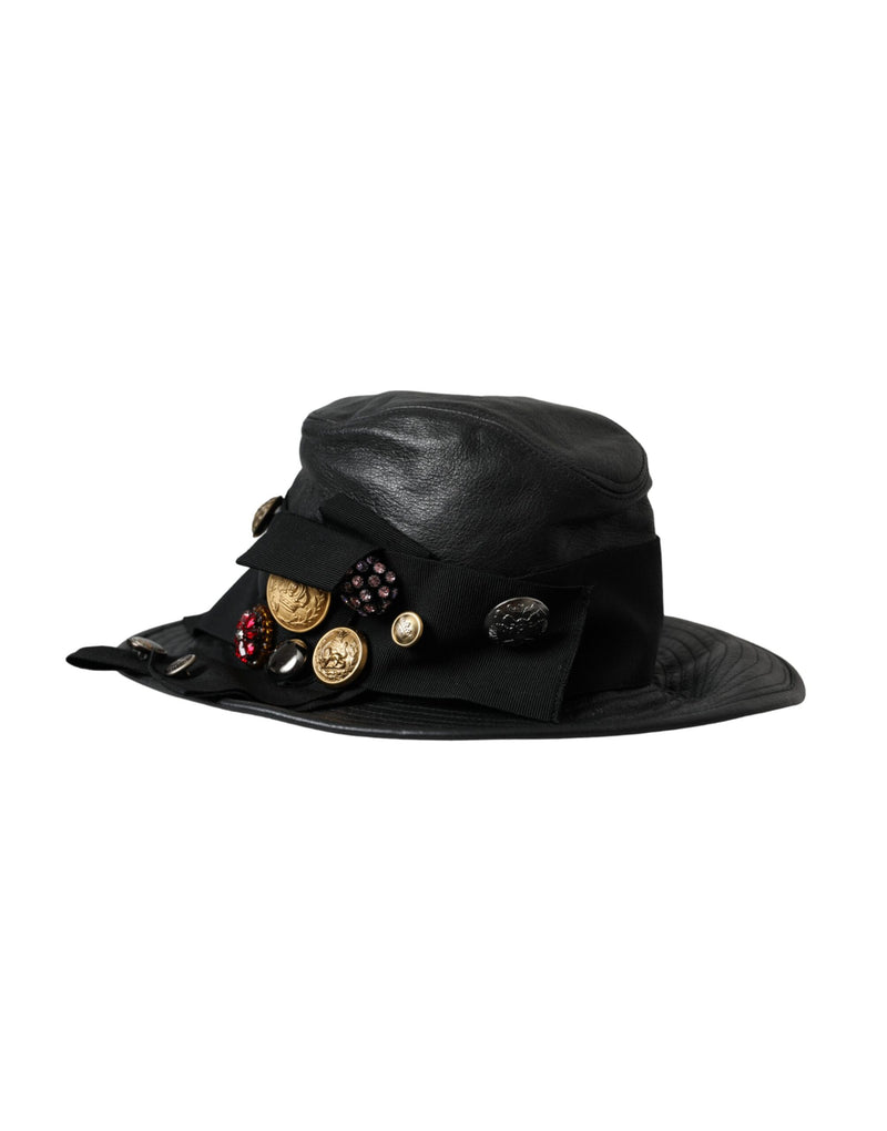 Black Leather DG Coin Crystal Wide Brim Hat Dolce & Gabbana