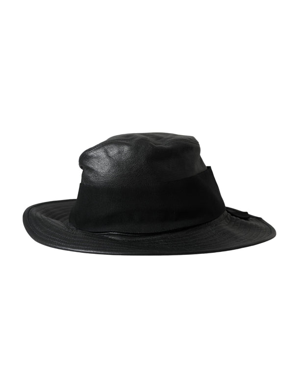 Black Leather DG Coin Crystal Wide Brim Hat Dolce & Gabbana