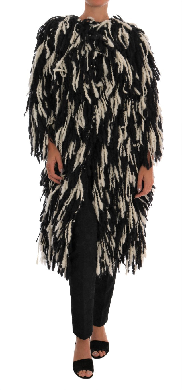 Black and White Fringed Wool Coat Jacket Dolce & Gabbana