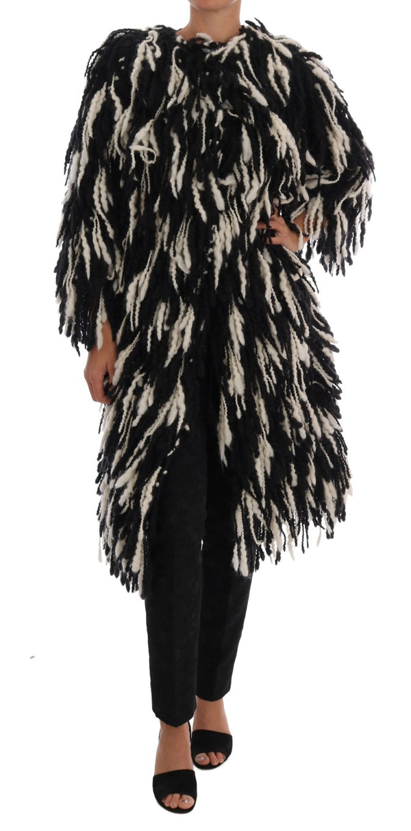 Black and White Fringed Wool Coat Jacket Dolce & Gabbana