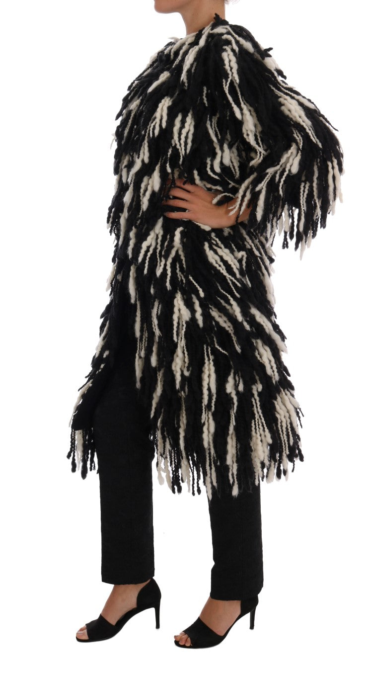 Black and White Fringed Wool Coat Jacket Dolce & Gabbana