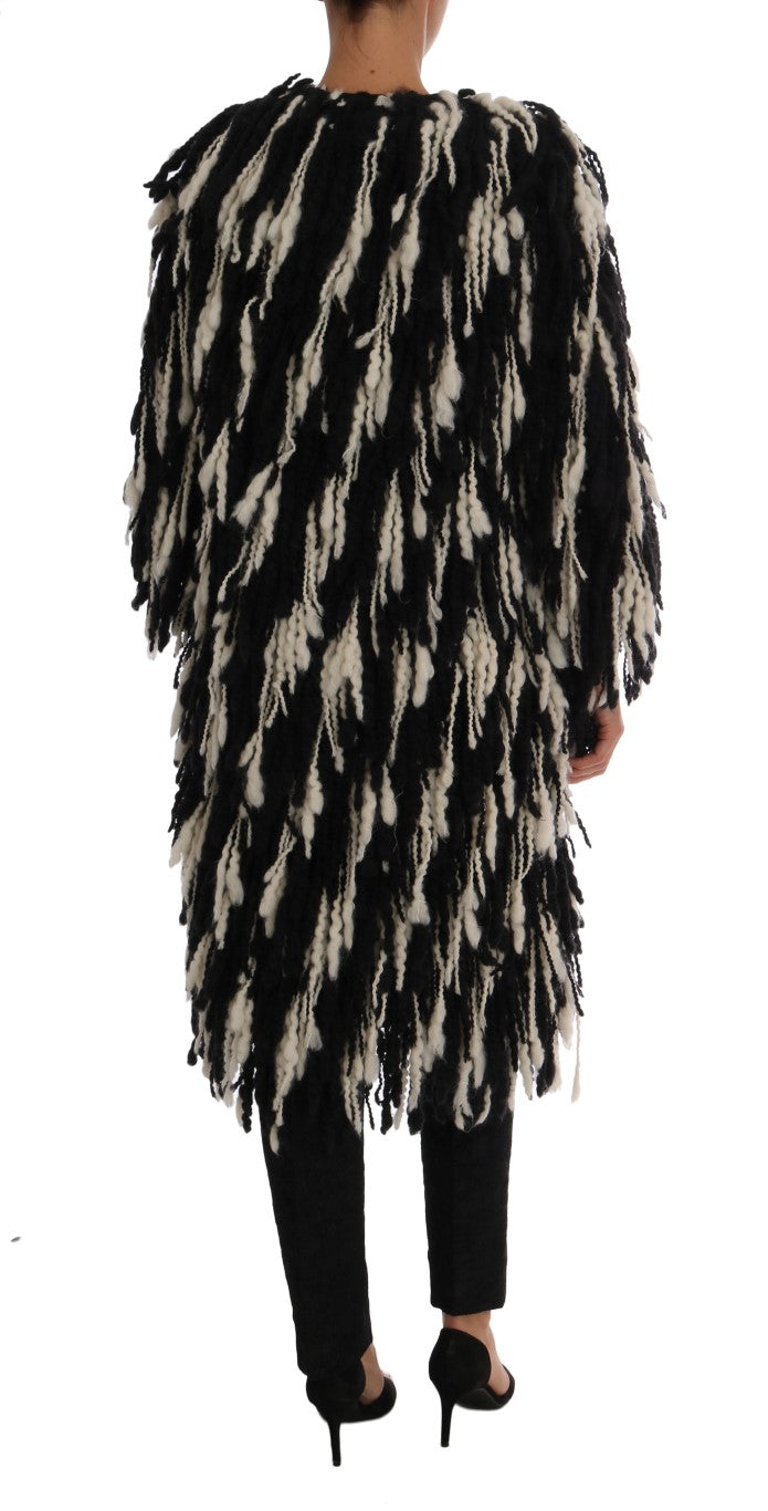 Black and White Fringed Wool Coat Jacket Dolce & Gabbana