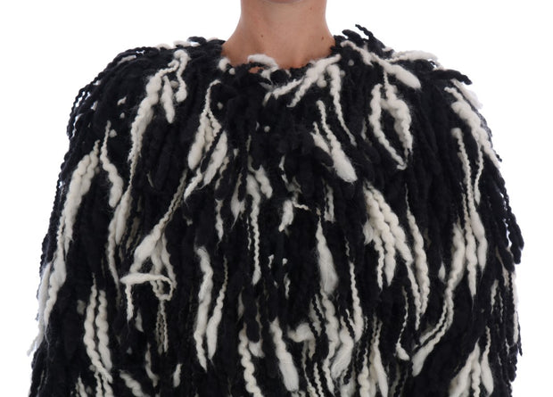 Black and White Fringed Wool Coat Jacket Dolce & Gabbana